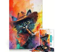 1000 Adult Pieces Jigsaw Puzzle Cat Cowboy Smoking Cigar Colorful Art Neat Fit Decor Mind Exercise Toy Casual Fun Time Christmas Fun Gift (38x26cm)