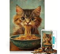 1000 Adult Pieces Jigsaw Puzzle Cat Eating Noodles from A Bowl Tight Cut Fun Thinking Skill Game Leisure Fun Time Birthday Activity (50x75cm)