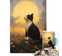1000 Adult Pieces Jigsaw Puzzle Cat Gazing at The Moon Challenging To Complete Home Art Decor Fun Games Suitable for Ages 14 And Up (50x75cm)