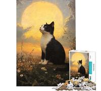 1000 Adult Pieces Jigsaw Puzzle Cat Gazing at The Moon Help The Brain Exercise Home Decoration Practical Game for Ages 14 And over (38x52cm)