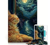 1000 Adult Pieces Jigsaw Puzzle Cat Gazing at The Moon Tight Cut Fun Thinking Skill Game Leisure Fun Time Birthday Activity (50x75cm)