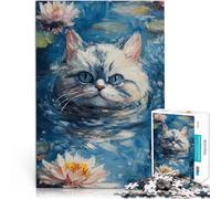 1000 Adult Pieces Jigsaw Puzzle Cat in Water Lilies Made of cardboard for and 14 years and over Toys for family entertainment Birthday and unique gifts。size：26x38cm/10.24x14.96inch