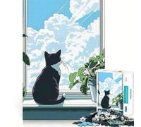 1000 Adult Pieces Jigsaw Puzzle Cat Looking Out Window Illustration Tight Cut Fun Thinking Skill Game Leisure Fun Time Birthday Activity (38x52cm)