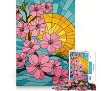 1000 Adult Pieces Jigsaw Puzzle Cherry Blossoms Stained Glass Style Art Exact Cut Art Creative Game Toy Relax Time Game Christmas Calm Gift (50x75cm)