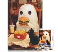 1000 Adult Pieces Jigsaw Puzzle Ghost with Burger And Black Cat Great for Calm Leisure Moments Premium Die Cut Precision Toy Size 50x75cm