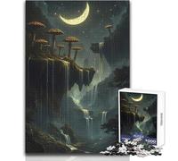 1000 Adult Pieces Jigsaw Puzzle Glowing Mushrooms Forest And Waterfalls Under A Crescent Moon Calm And Enjoyable Free Time Advanced Die Cut Precision Toy Size 38x52cm