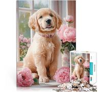 1000 Adult Pieces Jigsaw Puzzle Golden Retriever Puppy with Peonies Für Familienspaß Tolles Geschenk für Spiele52x38cm