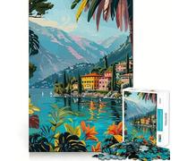 1000 Adult Pieces Jigsaw Puzzle Lake Como Italy Tropical Abstract Minimalist Art Illustration Perfect Cut Fun Focus Game Gift Peaceful Play Fun Birthday Hobby Gift (38x52cm)