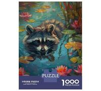 1000 Adult Pieces Jigsaw Puzzle Raccoon in Water Lily Pond Puzzle for Adults Brain Teaser Game Improve Memory Gifts for Friends And Family 70x50cm/1000pcs