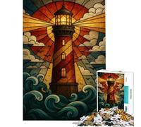 1000 Adult Pieces Jigsaw Puzzle Stained Glass Lighthouse Jigsaw Puzzle Brain Teaser Game Pattern Assembly Gifts for Friends And Family (Size 38x26cm)