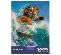 1000 Adult Pieces Jigsaw Puzzle Tiger Surfer Surfing Waves Adult Jigsaw Puzzle Brain Teaser Game Birthday Present Challenging To Complete 52x38cm/1000pcs