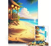 1000 Adult Pieces Jigsaw Puzzle Tropical Beach Hut at Sunset, Chibi Style Tight Cut Fun Thinking Skill Game Leisure Fun Time Birthday Activity (38x52cm)