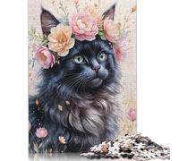 1000 Black Cat with Flower Crown Watercolor Jigsaw Puzzles for Adults Teenager & Paper Puzzles Family Games 38x26cm/1000pcs