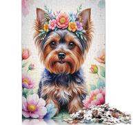 1000 Cute Yorkshire with Floral Crown Watercolor Jigsaw Puzzles for Adults Teenager & Wooden Puzzles Family Games 1000pcs (75x50cm)