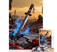 1000 Jigsaw Puzzle Broken Katana in Battlefield with Blue Flames Jigsaws for Adults Puzzle Difficult Challenge Fun Activities at Home Unique Challenge Game (50x75cm)