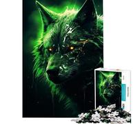 1000 Jigsaw Puzzle Evil Black Wolf in Green for Birthday, Chrismas Home Art Decor Educational Games Suitable for People Aged 14 And Above (38X26CM)