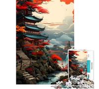 1000 Jigsaw Puzzle Japanese Pagoda Landscape with Waterfall Fun Activities at Home Home Decoration Educational Games Suitable for People Aged 14 And Above (50x75cm)