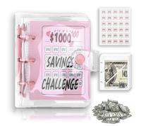 $1000 Mini Savings Challenge Binder Budget Planner Book, 25 Cash Envelopes, Easy and Fun Way to Save $1000 (Pink)