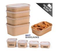 (1000 ml, 50) Kraft Paper Disposable Container with Plastic Lids High Quality Take Away Paper Lunch Box Food Container for Restaurant & Cafe