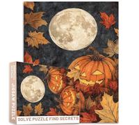 1000 Pc Moon Pumpkin Leaf Ink Painting Puzzle 27x20 Inch Vintage Halloween Card Design Adult Challenging Family Activity Games Colorful DIY Craft Puzzle for Home Decor Gifts