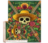 1000 Pc Symmetric Mexican Guitar Skull Puzzle Sombrero Flowers Border Sugar Skull Center Green Palette Colorful DIY Puzzles for Home Decoration Gifts Family Puzzle Perfect for Game Nights