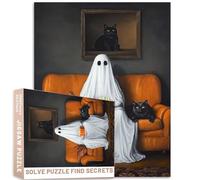 1000 Pc White Ghost Cat Popcorn Puzzle 27x20 Inch Hyper Realistic Oil Painting Halloween Art Challenging Family Activity Games Colorful DIY Craft Puzzle for Home Decor Gifts