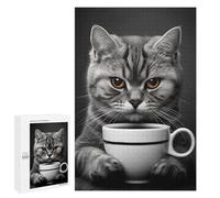 1000 PCS Adult Puzzles Grey Cat with A Coffee Cup Puzzles for Adults Brain Teaser Game But Fun And Humorous Gifts for Friends And Family 1000 PCS