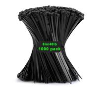 1000 pcs Cable Ties Black, 8 inch Zip Ties Nylon, 200 x 3.6 mm Industrial Tie Wraps UV-Resistant Self - Locking Zip Ties with Tensile Strength 40 lbs for Gardening, Workshop, Office and Outdoor