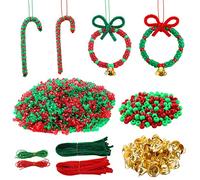1000 Pcs Christmas Tri Beads Plastic,200Pcs Round Beads,50 Pcs Chenille Stems Pipe Cleaners, 50Pcs Golden Bells and 10M Green Red String for Christmas Holiday Ornaments Tree Decorations Party Supplies