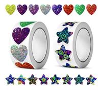 1000 Pcs Glitter Heart and Star Stickers Roll, 2.5cm Self Adhesive Reward Stickers for Kids, Teachers, Classroom, Shiny Multicolor Stickers for Scrapbook, Crafts, Birthday Party