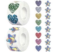 1000 Pcs Holographic Silvery Star Stickers and Colorful Heart Sticker, 2 Roll Self Adhesive Sparkly Star Stickers for Kids and Glitter Heart Sticker for Home School Teacher Birthday Party Wedding