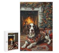 1000 PCS Jigsaw Puzzle for Teenagerss English Springer Spaniel by Fireplace Dog in Sweater Christmas Art Jigsaw for Adults Fun Games But Fun And Humorous Unique Birthday And Xmas Gifts 1000 PCS