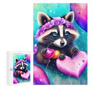 1000 PCS Jigsaw Puzzles- An Adorable Raccoon Holding A Heartshaped Balloon on A String, It Is Raining Hearts, Rose Jigsaw for Adults Relaxing Games Staycation Kill Time Deal As Gifts for The Whole Fam