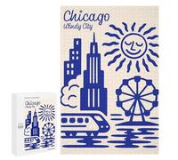 1000 PCS Jigsaw Puzzles- Chicago Windy City Blue Illustration Jigsaw for Adults Relaxing Games Staycation Kill Time Deal As Gifts for The Whole Family 1000 PCS