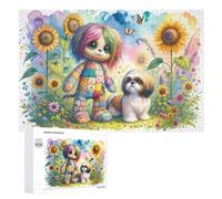1000 PCS Jigsaw Puzzles for Adults Colorful Patchwork Doll with Shih Tzu in Sunflower Field Jigsaw for Adults Relax Games For Family Fun for Is Ideal As A Gift 1000 PCS