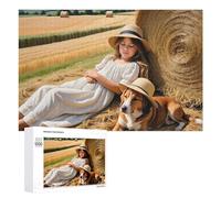 1000 PCS Jigsaw Puzzles for Adults Girl in White Dress with Dog on Haystack Puzzles for Adults DIY Toys Home Decoration Difficult And Challenge 1000 PCS