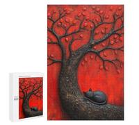 1000 PCS Jigsaw Puzzles for Adults Sleeping Black Japan Cat Beneath Red Tree Puzzle for Adults Anti-Stress Toys A Work of Art Difficult And Challenge 1000 PCS