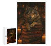 1000 PCS Jigsaw Puzzles for Adults Teenagerss Wolf Resting on Books with Candles Puzzles for Adults Family Games Wall Art for Is Ideal As A Gift 1000 PCS