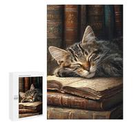 1000 PCS Jigsaw Puzzles for Teenagers Sleepy Kitten on Books -1 Jigsaw Puzzles for Adults Improve Memory Difficult And Challenge Brainteaser Family Games 1000 PCS