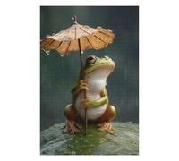 1000 PCS Jigsaw Puzzles- Frog with Leaf Umbrella in Rain Teenagers Puzzles Relaxing Games Improve Memory Deal As Gifts for The Whole Family 1000 PCS