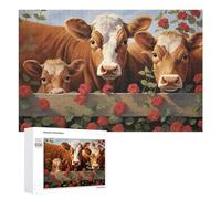 1000 PCS Jigsaws Adults Puzzles Cows Behind A Fence with Red Flowers Adult Puzzles DIY Toys But Fun And Humorous Unique Gifts for Birthday And Christmas 1000 PCS