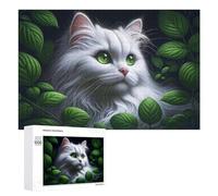 1000 PCS Jigsaws Adults Puzzles Gifts Whimsical White Cat with Green Eyes Jigsaw Puzzle Relax Games Staycation Kill Time Birthday Present, Gifts, 1000 PCS