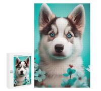 1000 PCS Jigsaws for Adults Puzzle Blue-Eyed Husky with Flowers Jigsaw for Adults Fun Games Presents for Women Challenging To Complete 1000 PCS