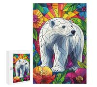 1000 PCS Jigsaws for Adults Puzzle Polar Bear in Floral Stained Glass Jigsaw for Adults Fun Games Presents for Women Challenging To Complete 1000 PCS