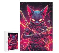 1000 PCS Jigsaws for Adults Puzzle Sphynx Cat Ninja with Katana Japanese Samurai Animal Puzzles for Adults Family Games Staycation Kill Time Challenging To Complete 1000 PCS