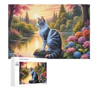 1000 PCS Jigsaws for Teenagerss Cat by The River Sunset Adult Jigsaw Puzzle Toy Wall Decor Precision Cutting Great Gift for Gaming 1000 PCS