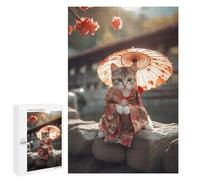 1000 PCS Jigsaws for Teenagerss Cherry Blossom Cat in Kimono Puzzle for Adults Anti-Stress Toys Difficult Hard Birthday Present, Gifts, 1000 PCS