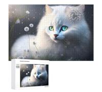 1000 PCS Jigsaws for Teenagerss Enchanted White Cat with Dandelions Jigsaw Puzzle Relaxing Games Difficult Challenge Challenging To Complete 1000 PCS