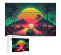 1000 PCS Jigsaws for Teenagerss Neon Desert Drive Sunset Jigsaw Puzzle Relaxing Games Difficult Challenge Challenging To Complete 1000 PCS