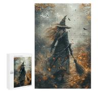 1000 PCS Jigsaws Halloween Witch with Broomstick Jigsaws for Adults Puzzle Hand Speed Race Help The Brain Exercise Beautiful Design Game 1000 PCS